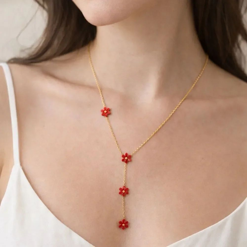 Gold-Tone Necklace with Red Flower Accents R366
